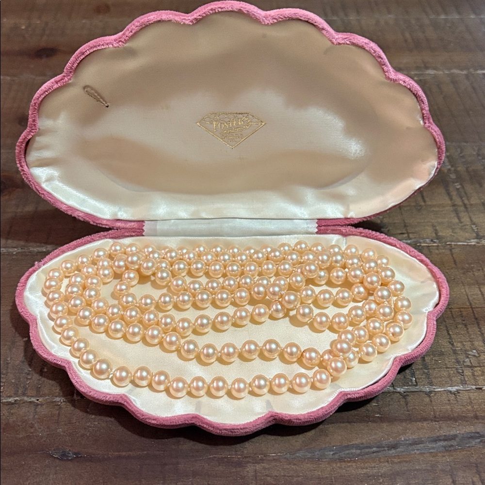 Vintage Elegant Pearl Necklace in Pink Case from Fosters Jewlers 54 Inches
